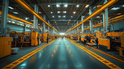 Fototapeta premium A busy factory setting featuring both factory workers and mechanics working together, factory workers operating machinery,