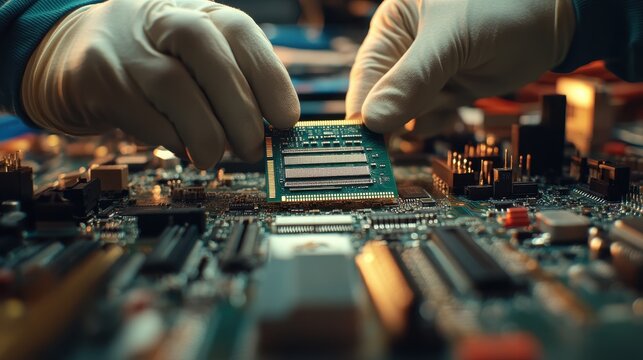 Close-up of Hands Installing RAM Memory Chip onto Motherboard in Workshop.