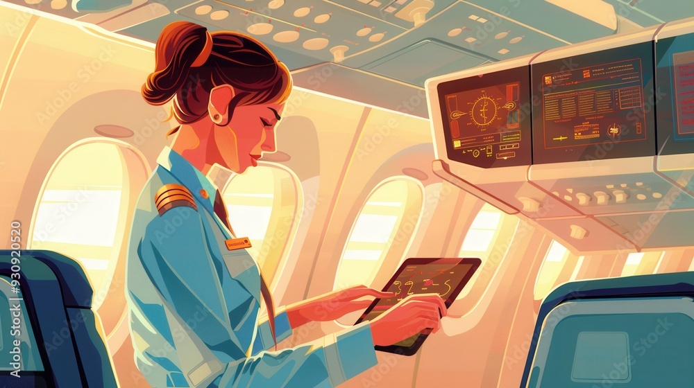 Poster a flight attendant checks her tablet, ensuring everything is in order before takeoff, surrounded by 