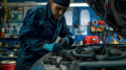 Mechanic Repairing a Car Engine. Automotive Service And Maintenance Design Concept.