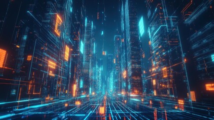 Futuristic Cityscape with Neon Lights and Digital Grids.