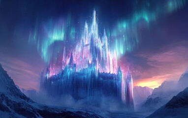 Fototapeta premium Enchanting Ice Castle Under the Northern Lights, Fantasy Landscape