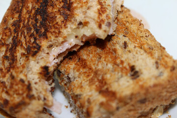toasted cheese and ham sandwich. ham and cheese sandwich. sandwich with selective focus. meal details. bread with ham and cheese.