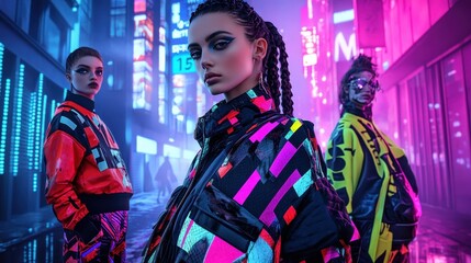 Obraz premium Cyberpunk Fashion Models in Neon Cityscape with Bold Makeup and Futuristic Outfits.