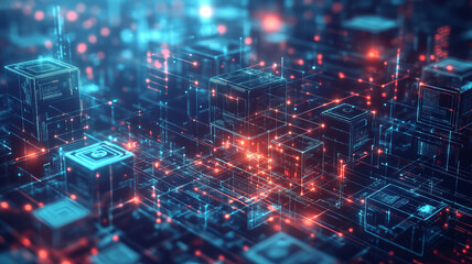Obraz premium A high-tech scene where blockchain fuels innovation, automating processes and ensuring secure, transparent transactions.