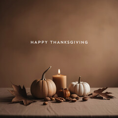 happy thanksgiving day with pumpkins candle and leaves brown background.