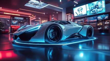 Futuristic White Sports Car with Neon Lights in a Modern Showroom.