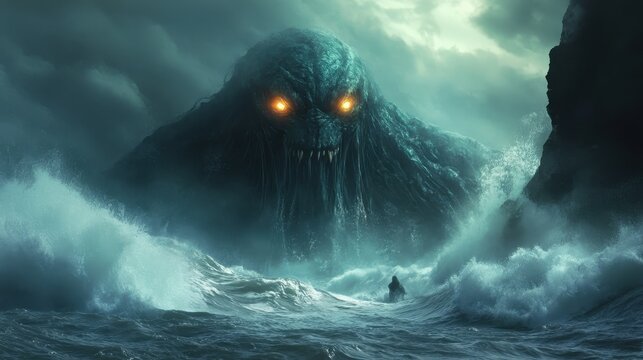Dark Sea Monster Emerging from the Depths with Glowing Eyes and Sharp Teeth Threatening a Lone Figure in a Stormy Sea.