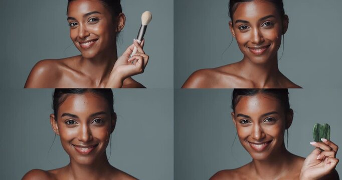 Skincare, makeup and collage of woman in studio for natural, cosmetic and face routine with tools. Beauty, split screen and portrait of female person with dermatology treatment by gray background.