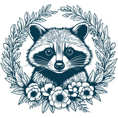 Aesthetic Floral Raccoon Illustration Graphic Floral Wreath Silhouette Illustration