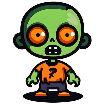 recommend clip art: A cartoon of a zombie child with a skull on his head and orange shirt