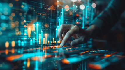 Businessman one hand index finger touching on financial data and economic growth graph chart