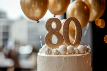 Elegant white cake with a golden 80th birthday topper and balloons at a celebration