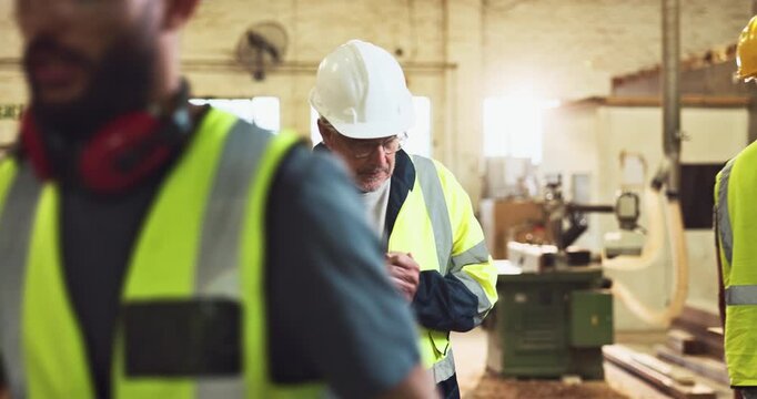 Construction team, briefing and safety instructions on site for compliance, maintenance and ppe by manager. People, planning and project meeting in building for progress, carpentry and communication