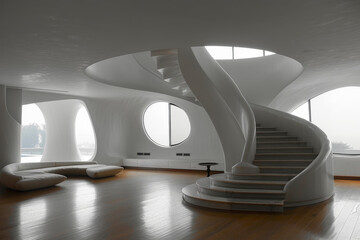 An exquisite view of a modern spiral staircase, encapsulating the sleek and minimalist aesthetic