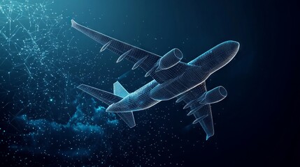 3d airplane flying over clouds. Digital vector airliner in the sky. Air travel, airline transportation concept. With dark blue background. Low poly wireframe with lines, dots and glowing particles 