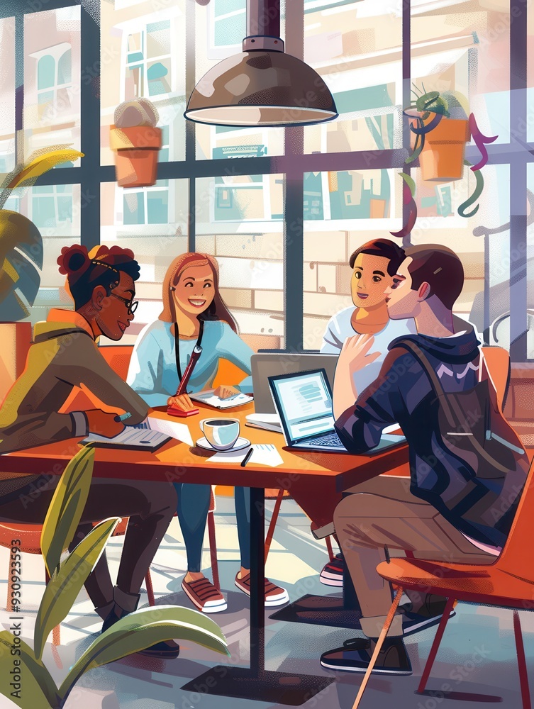Poster a group of young entrepreneurs engages in a productive discussion, surrounded by laptops and coffee 
