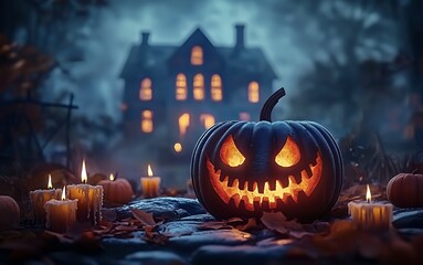 Fototapeta premium A carved jack-o-lantern with a menacing grin sits in front of a spooky, darkened house with lit windows and surrounded by candles, dry leaves, and other pumpkins in the foggy, night air.