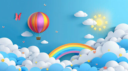 Beautiful fluffy clouds on blue sky background with summer sun