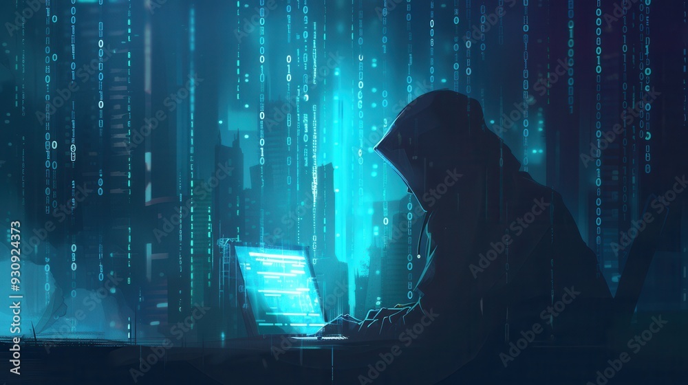 Leinwandbilder a silhouette of a hooded figure intently works on a laptop as bright green code streams down a large