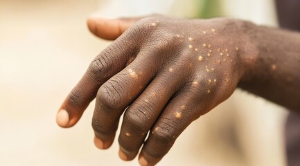 This image vividly illustrates the visible symptoms associated with monkeypox virus infection found on a persons hand, clearly showcasing the lesions that are typical of this particular disease