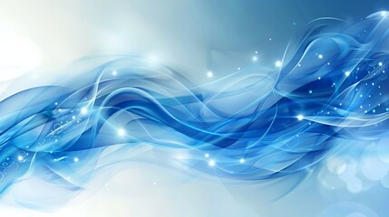 Abstract blue and white background with wavy lines and sparkling lights.