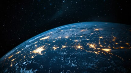 Obraz premium Nightly Earth planet in outer space. City lights on planet. Life of people. Solar system element. Elements of this image furnished , ai