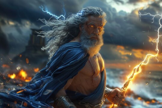 Supreme Deity: Zeus, Greek god of heavens, thunder and lightning, ruler of cosmos, chief of Olympian gods, equated with Jupiter in Roman mythology, embodying ultimate power, dominion over the world. - Powered by Adobe