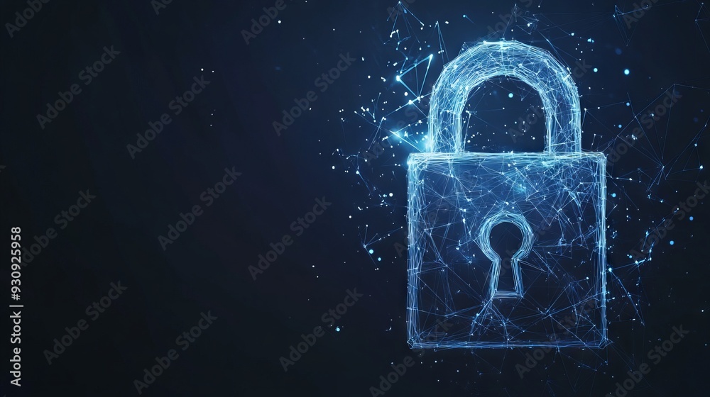 Poster abstract closed lock without key on dark blue background. protect or security symbol composed of pol