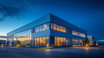Obraz premium Illuminated Modern Industrial Complex Under Serene Night Sky
