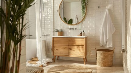 Modern Bathroom with Wooden Vanity and Natural Elements. Boho Bathroom Concept