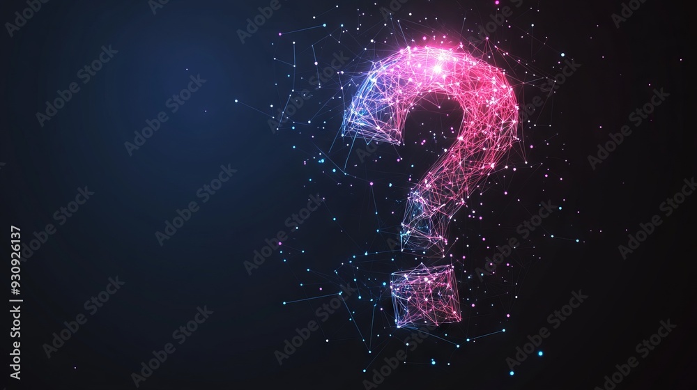 Poster abstract digital question mark. low poly wireframe with lines, dots and glowing particles