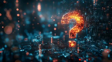 Abstract digital Question mark. Low poly wireframe with lines, dots and glowing particles 