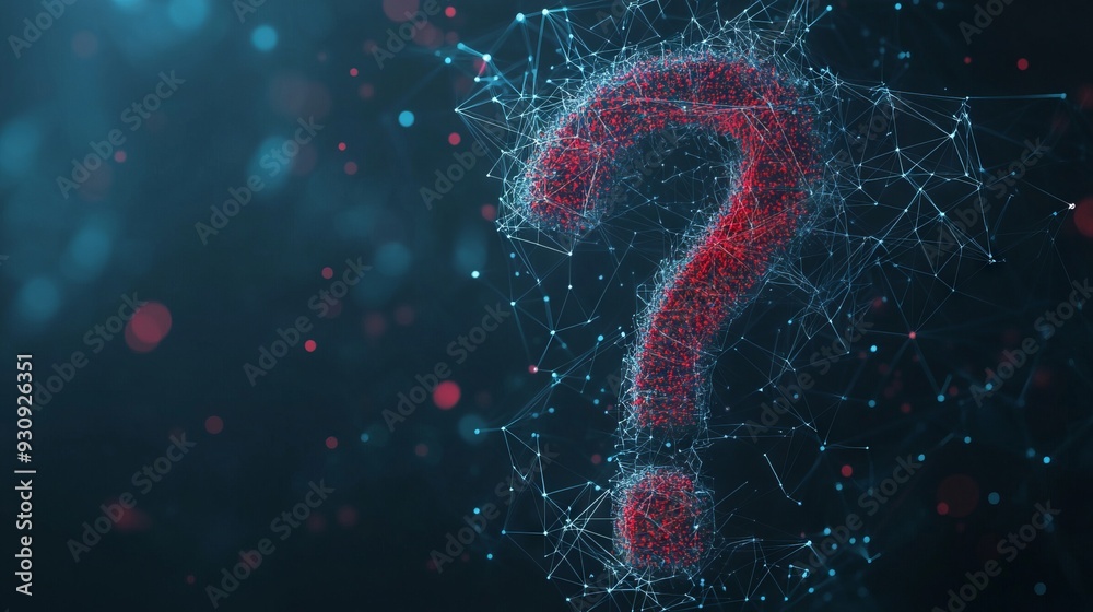 Poster abstract digital question mark. low poly wireframe with lines, dots and glowing particles
