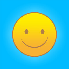 Smiling face icon. Yellow circle with brown details. Bright blue background. Simple vector style.