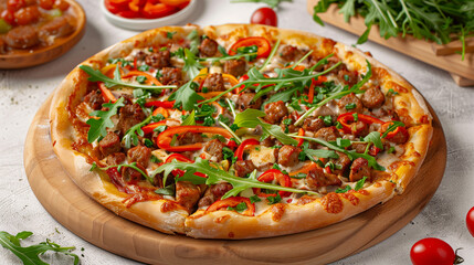 Pizzeria Special Hot Pizza with Sausage Peppers and Fresh Arugula on a Light Background