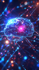 Obraz premium A brain with a purple spot on it is surrounded by a blue and red background. The brain is surrounded by a lot of colorful lights, giving the impression of a futuristic or sci-fi setting