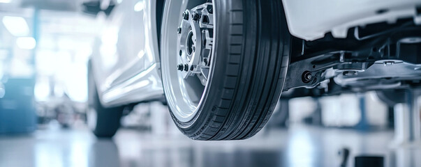 Fototapeta premium A car is being lifted up in a garage. The tire is visible and it is a close up shot