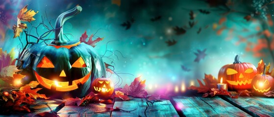Decorative Halloween pumpkins illuminated in a colorful autumn setting