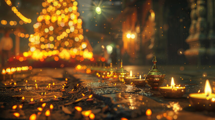 Candles line a street in front of a golden Christmas tree, characterized by Hindu art and architecture, tilt-shift lenses, and reimagined religious art.