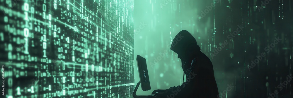 Poster A silhouette of a hacker in a hoodie focuses on a computer displaying cascading green code at night. Generative AI
