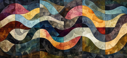 A vibrant wall art showcases a futuristic style with chromatic waves, mosaic arrangement, and earth-toned colors.