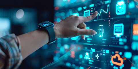 Fototapeta premium Tech Dashboard: Exploring Digital Interfaces and Analytics, Futuristic Technology: Managing Data Through Digital Dashboards, consultants hand interacts with digital interface displaying complex data 