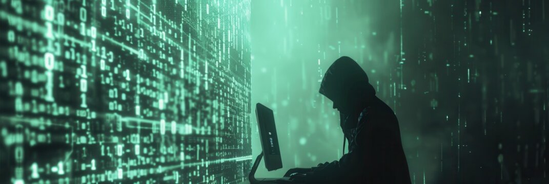 A silhouette of a hacker in a hoodie focuses on a computer displaying cascading green code at night. Generative AI