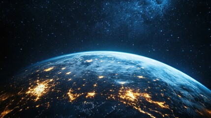 Obraz premium Nightly Earth planet in outer space. City lights on planet. Life of people. Solar system element. Elements of this image furnished , ai