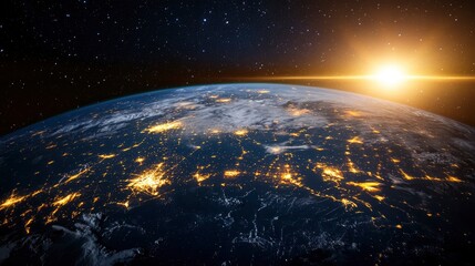 Obraz premium Nightly Earth planet in outer space. City lights on planet. Life of people. Solar system element. Elements of this image furnished , ai