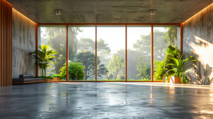 Modern contemporary empty hall nature render overlooking  living room behind  concrete floors