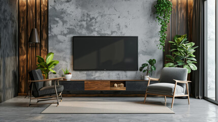 Mockup a cabinet TV wall mounted with armchair in living room
