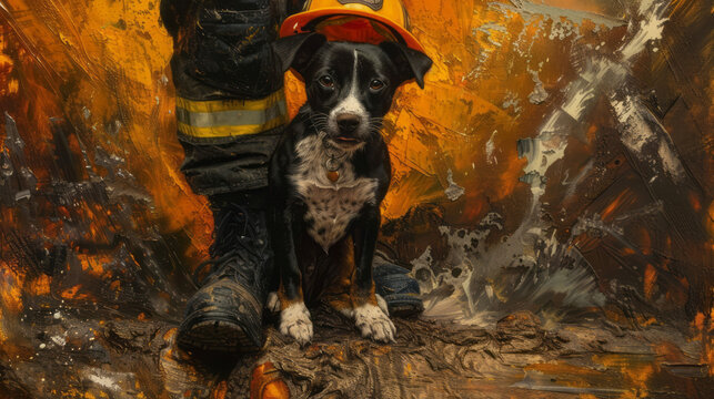 A firefighter in an orange helmet and boots holds a dog, portrayed with expressive textures and lifelike wildlife depictions.