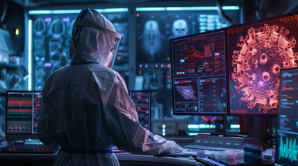 Fototapeta premium Medicine doctor and robotics research and analysis. Diagnose checking coronavirus or covid-19 testing result virtual screen laboratory
